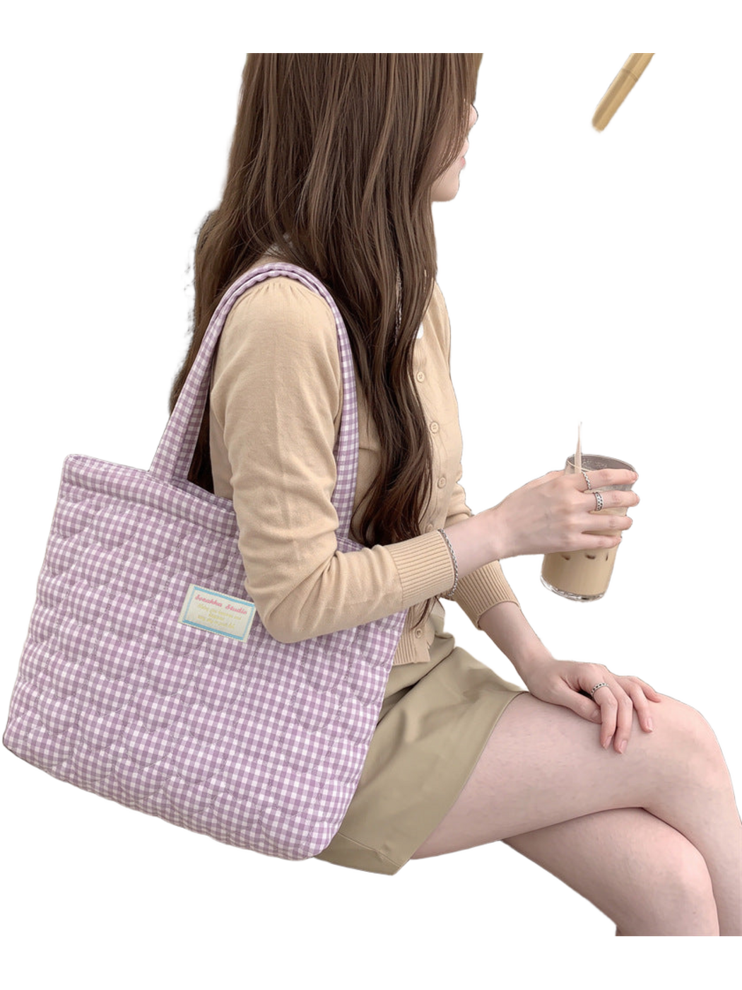 Light Purple gingham tote bag worn over a shoulder, seated view