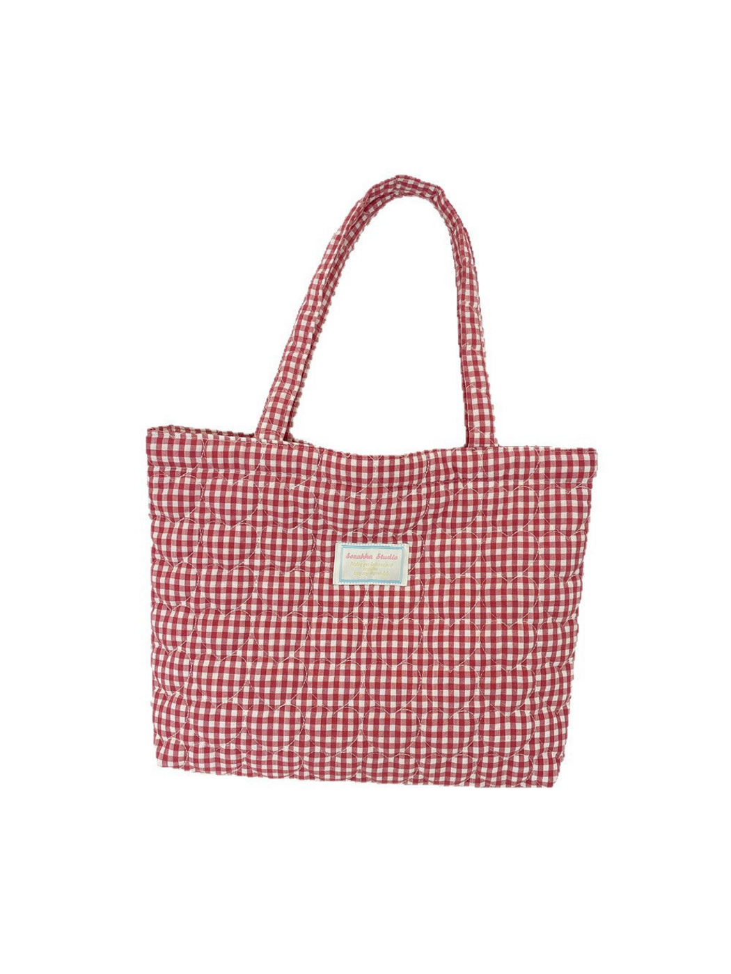 Red-and-white gingham tote bag with curved quilting and two long handles