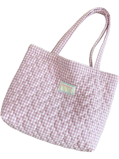 Light Purple gingham quilted tote bag with long handles, front view