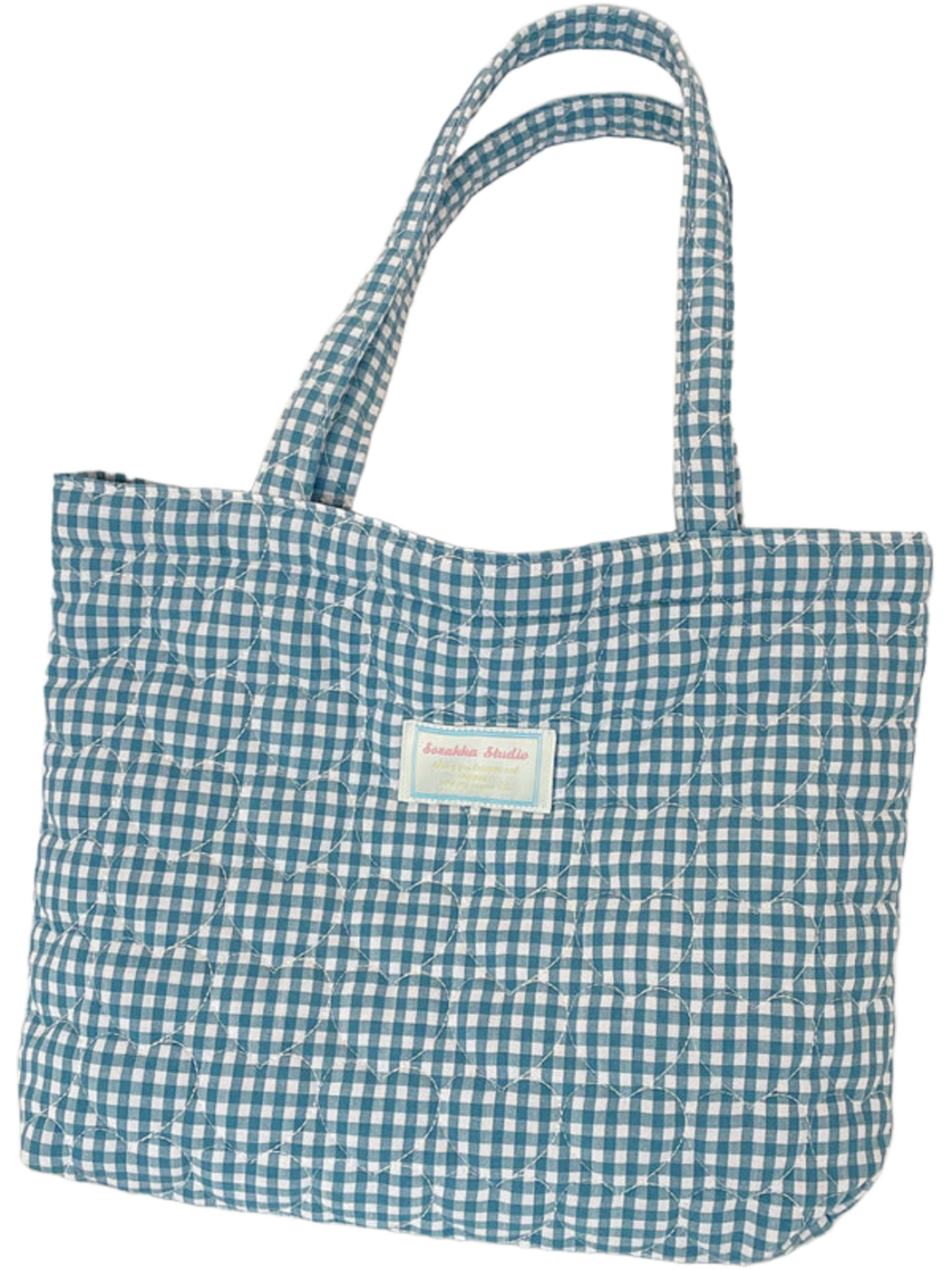 Teal Blue gingham tote with heart-shaped quilting, upright front view