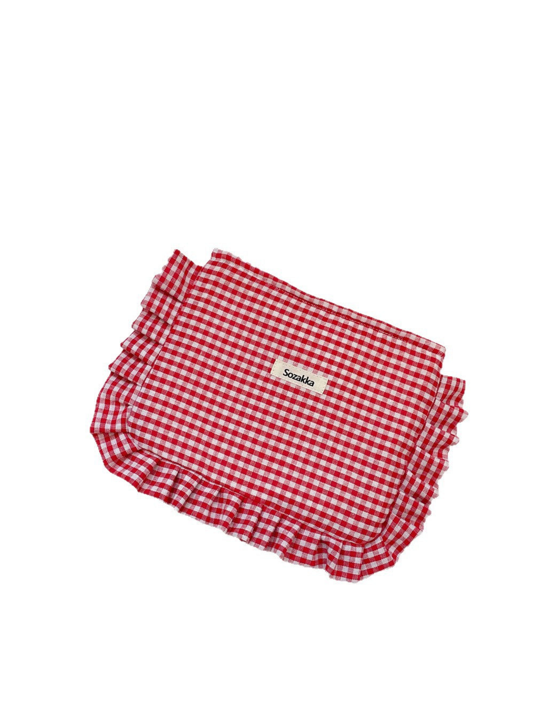 Red gingham makeup pouch with ruffled edging, front view