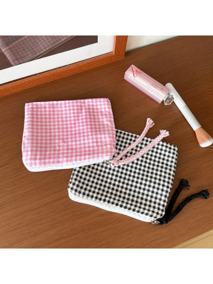 Pink Gingham and Black makeup bags with contrasting checks and cord pulls