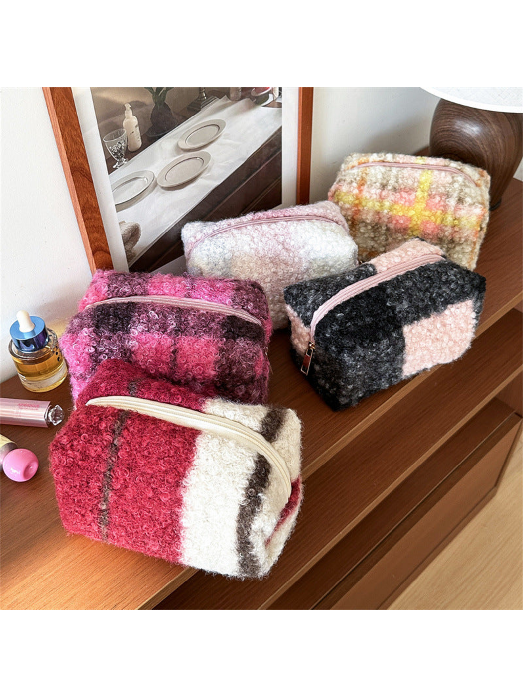 Red, Purple, Blush, Black Check and Yellow makeup bags displayed together