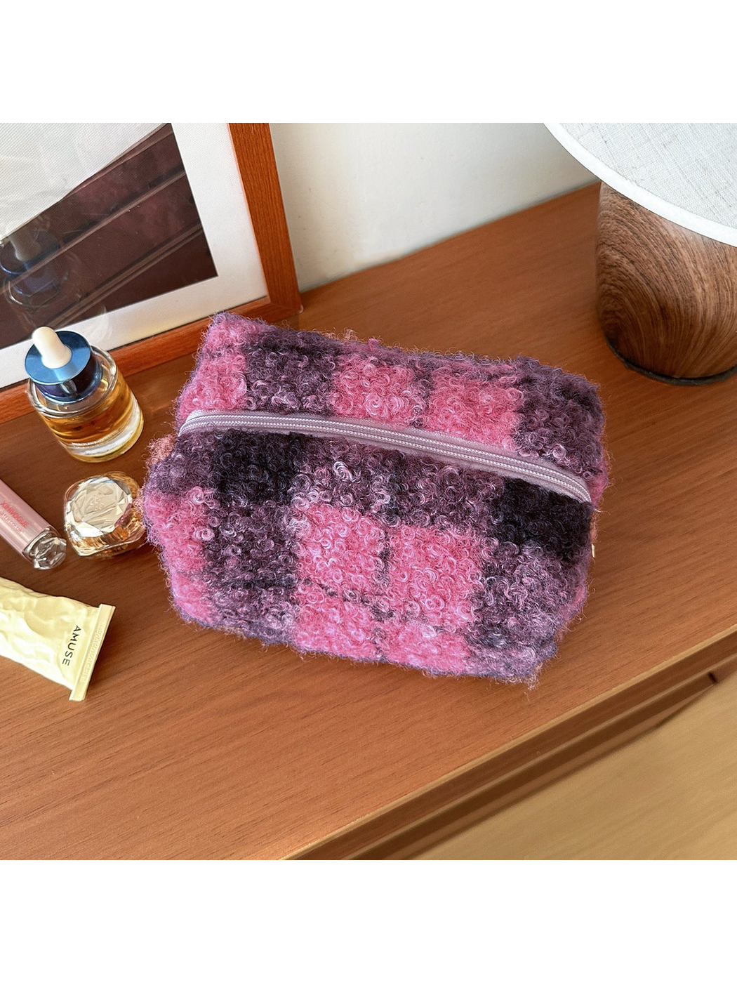 Purple makeup bag with large pink, purple and dark checks