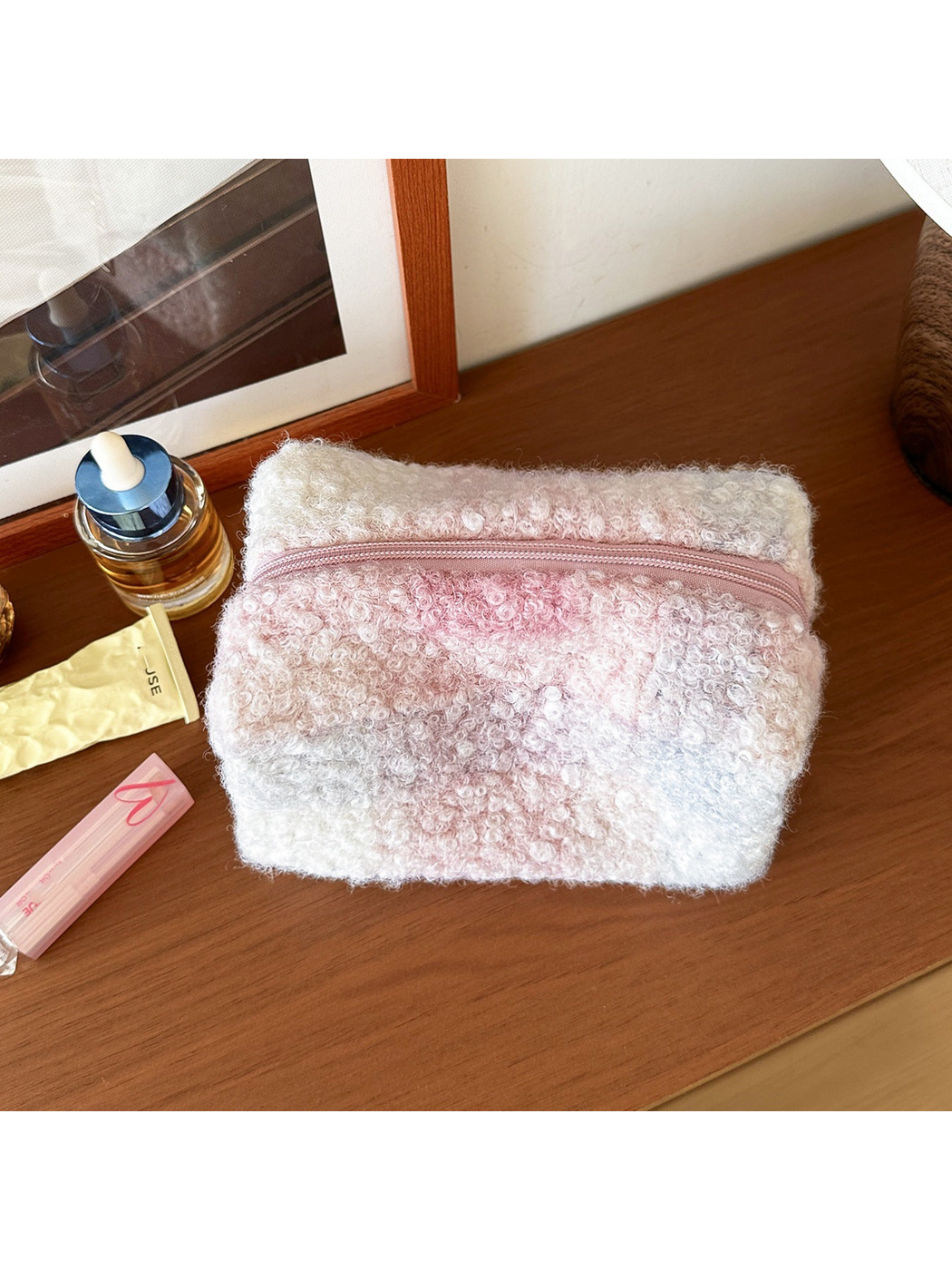 Blush makeup bag with pale pink, white and beige checks