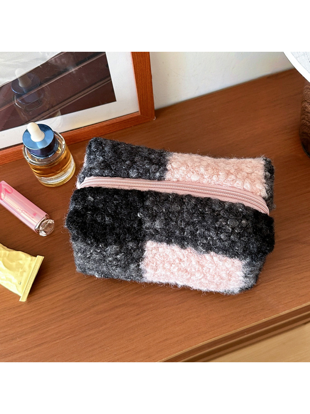 Black Check makeup bag with black, charcoal gray and pale pink blocks