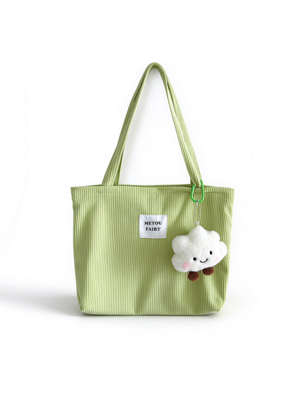 Green ribbed tote bag with two top handles, white front patch and smiling cloud charm
