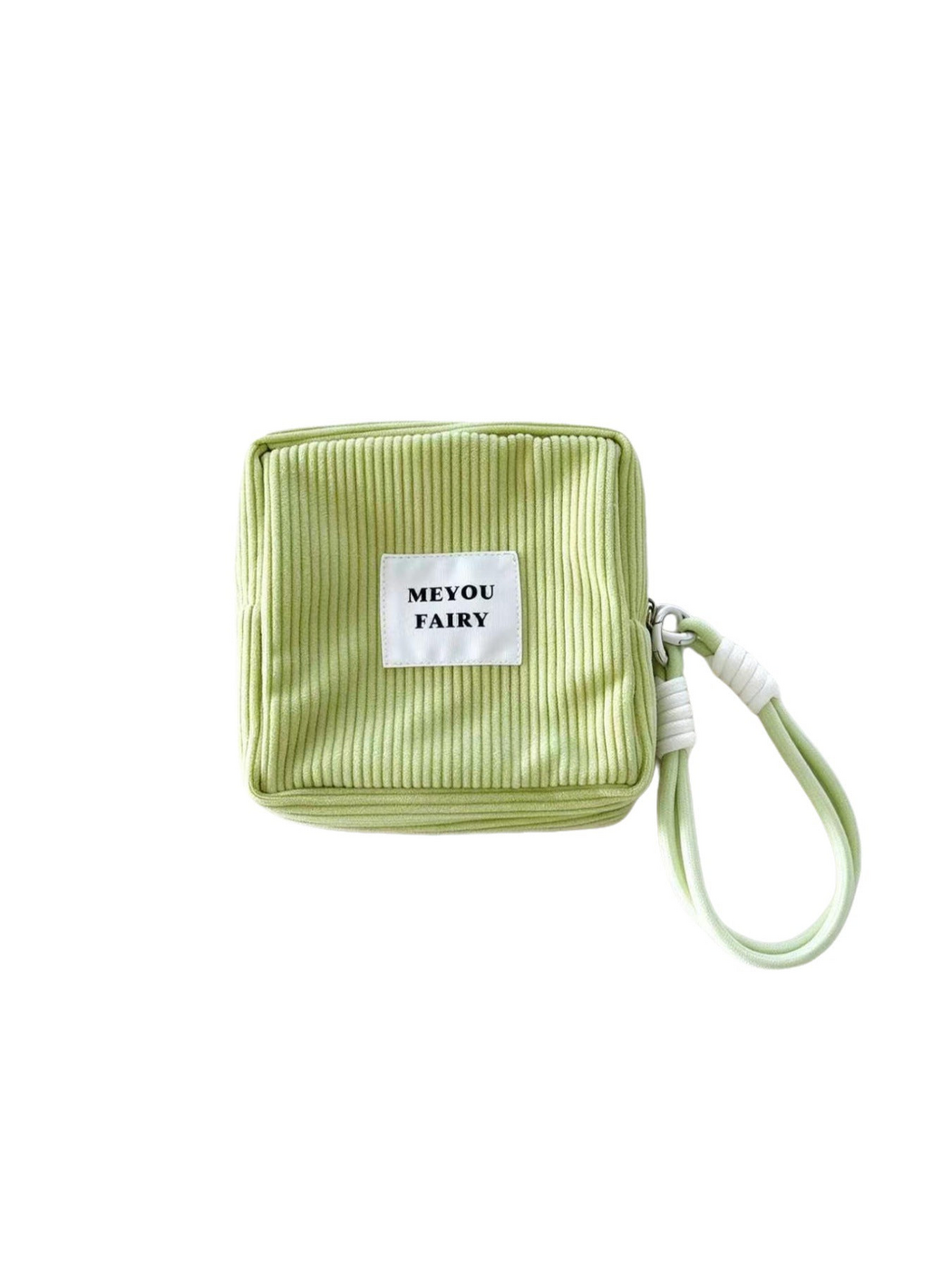 Green ribbed makeup bag with wrist loop and white front label