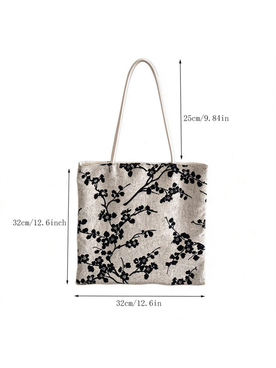 Black flowering-branch tote bag with body and handle-drop measurements