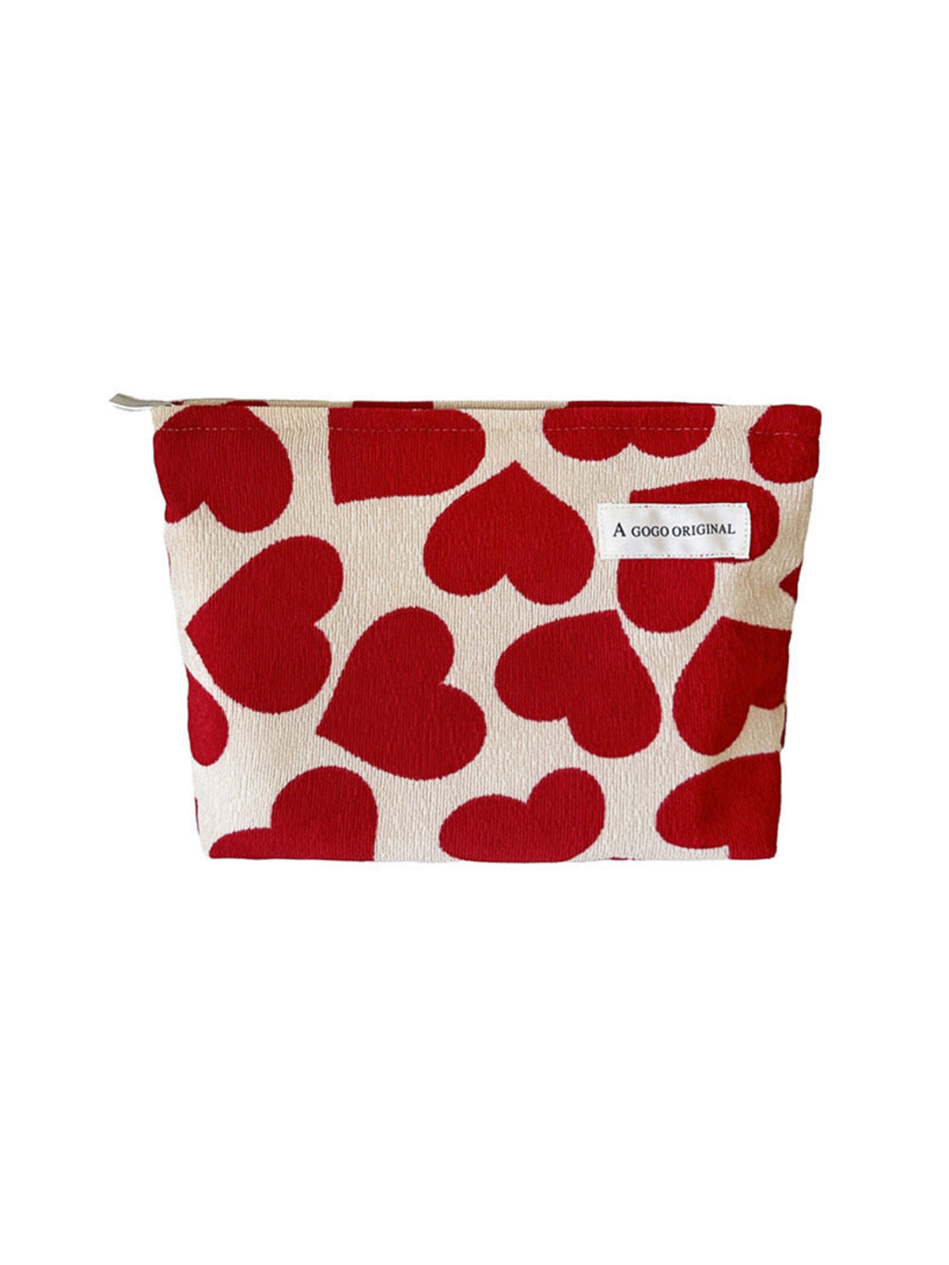 Large cream pouch with red hearts and a white front label on white