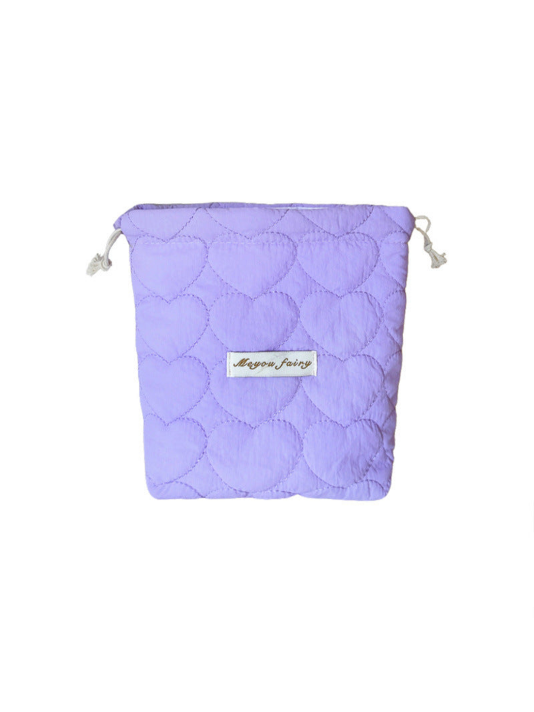 Purple heart-quilted drawstring pouch, front view on white