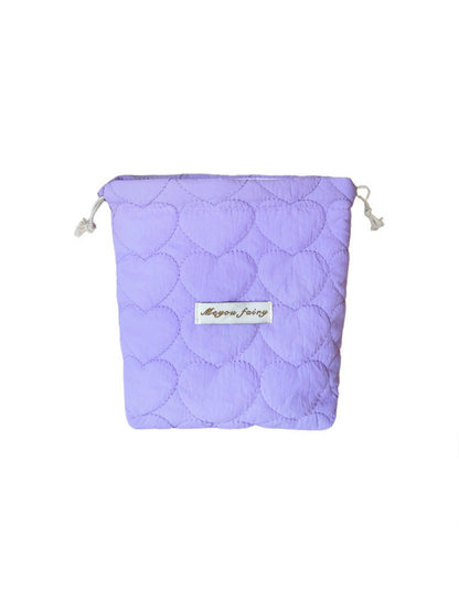 Purple heart-quilted drawstring pouch, front view on white
