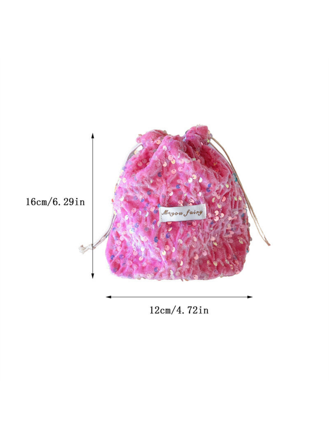 Pink sequined drawstring pouch with height and width measurements in centimeters and inches