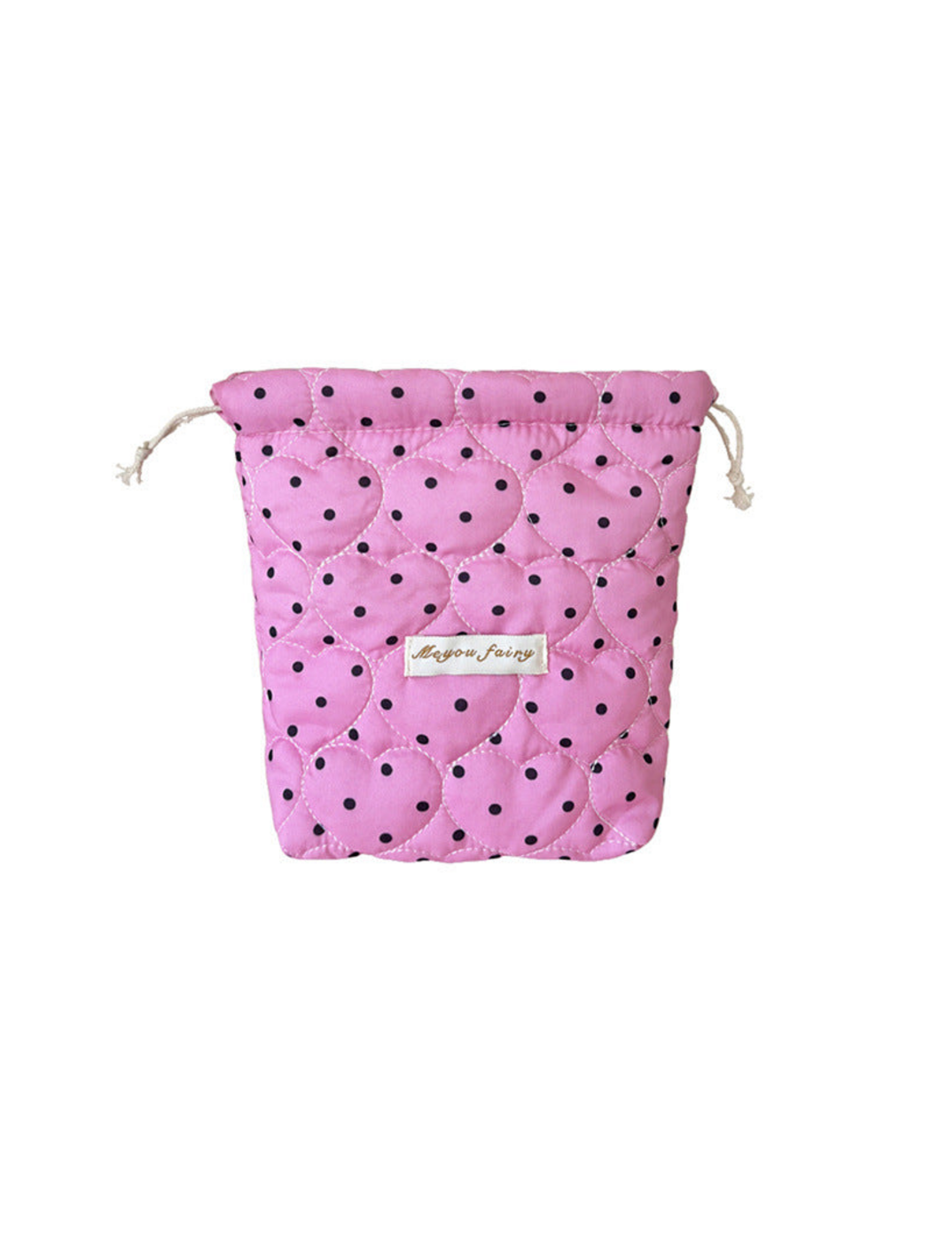 Rose Pink cosmetic pouch with black polka dots, heart-shaped quilting and drawstrings on white
