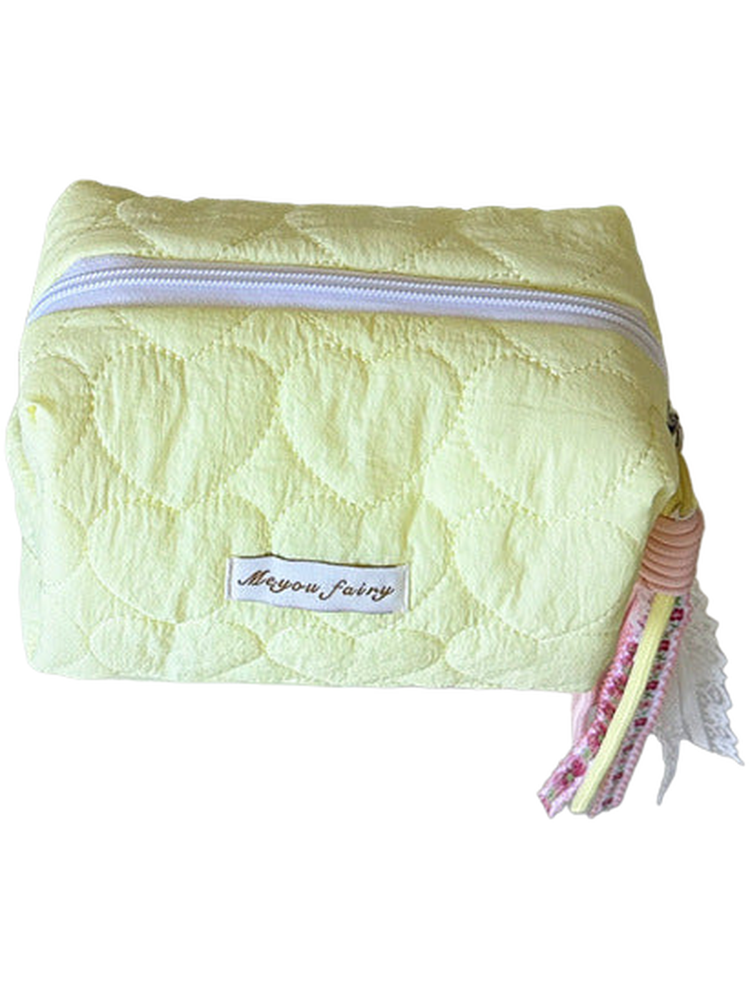 Yellow heart-quilted pouch with white zipper, sewn label and pink and yellow ribbon and lace decoration