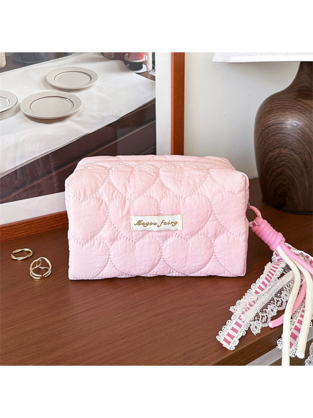 Cosbai - Heart Quilted Lace-Trim Makeup Bag
