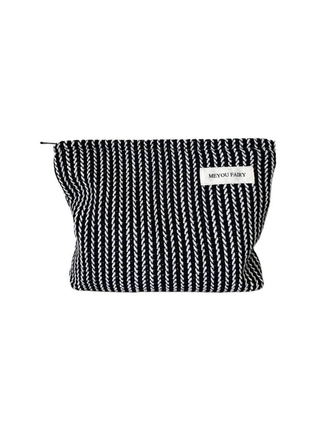 Black makeup pouch with contrasting white textured stripes, front view