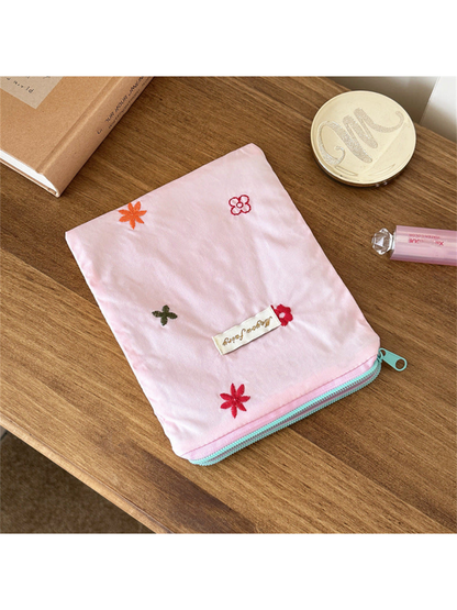 Pink rectangular pouch with scattered multicolored floral embroidery