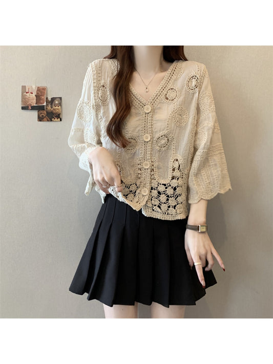 Crosa - Lace Hollow Out V Neck Knit Style Cardigan