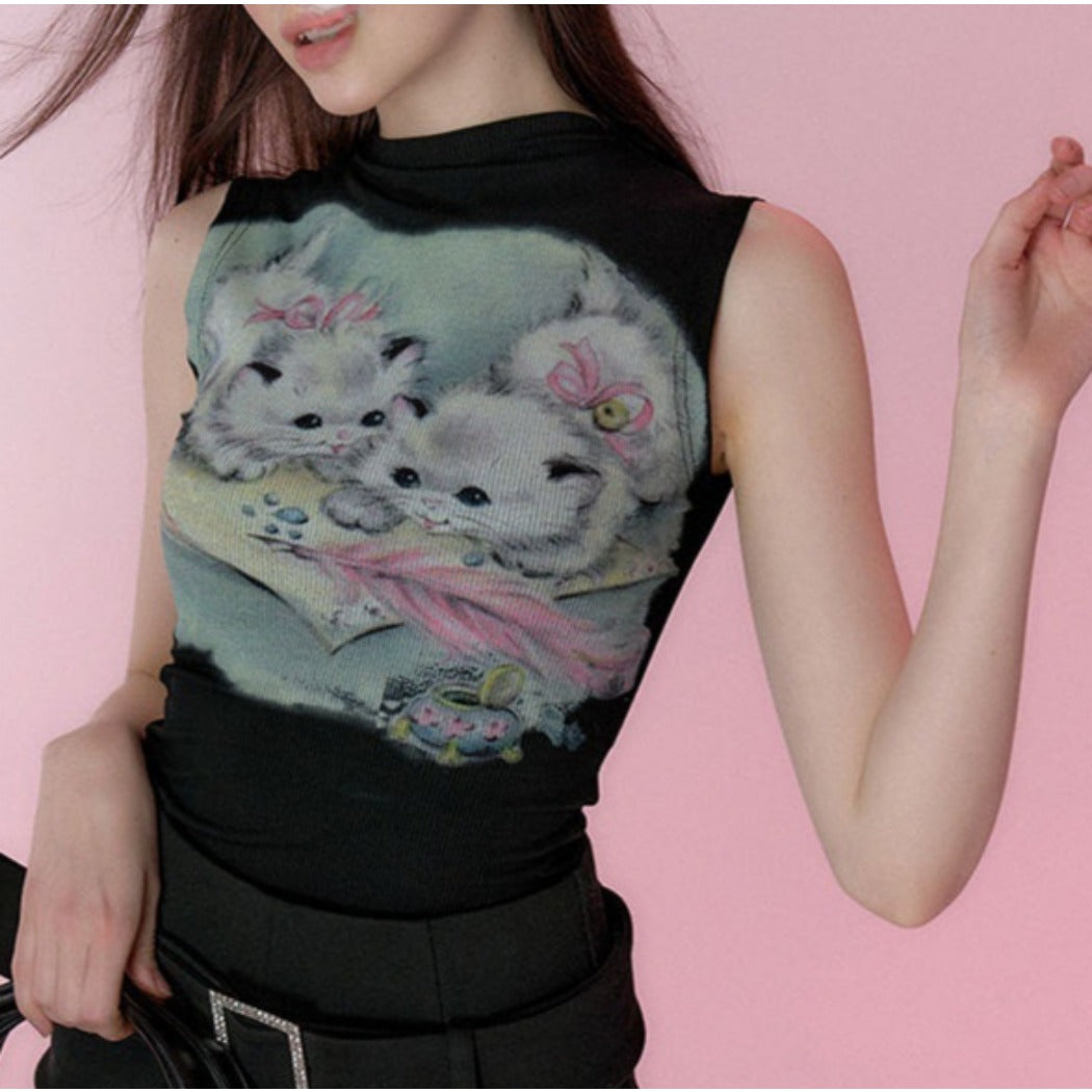 Vesty- Vintage Cat Short Tank Top - Yellow & Black