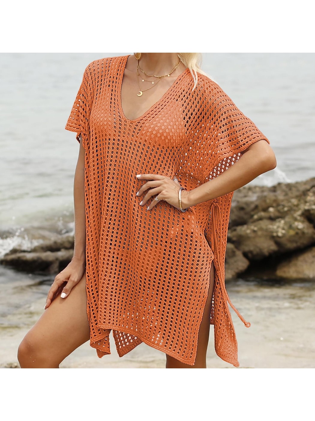 Crosa - Hollow-Out Solid Color Loose Beach Cover Up Dress