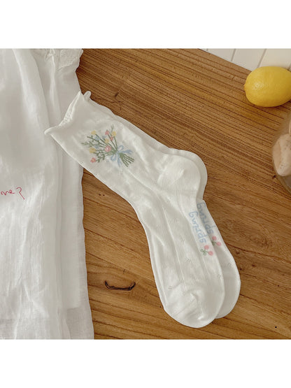 Rufia - Ruffle Cuff Floral Pattern Crew Socks