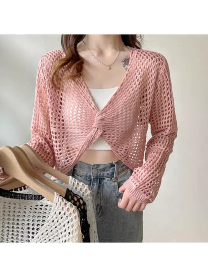 Crosa - V Neck Openwork Long Sleeve Cover Up