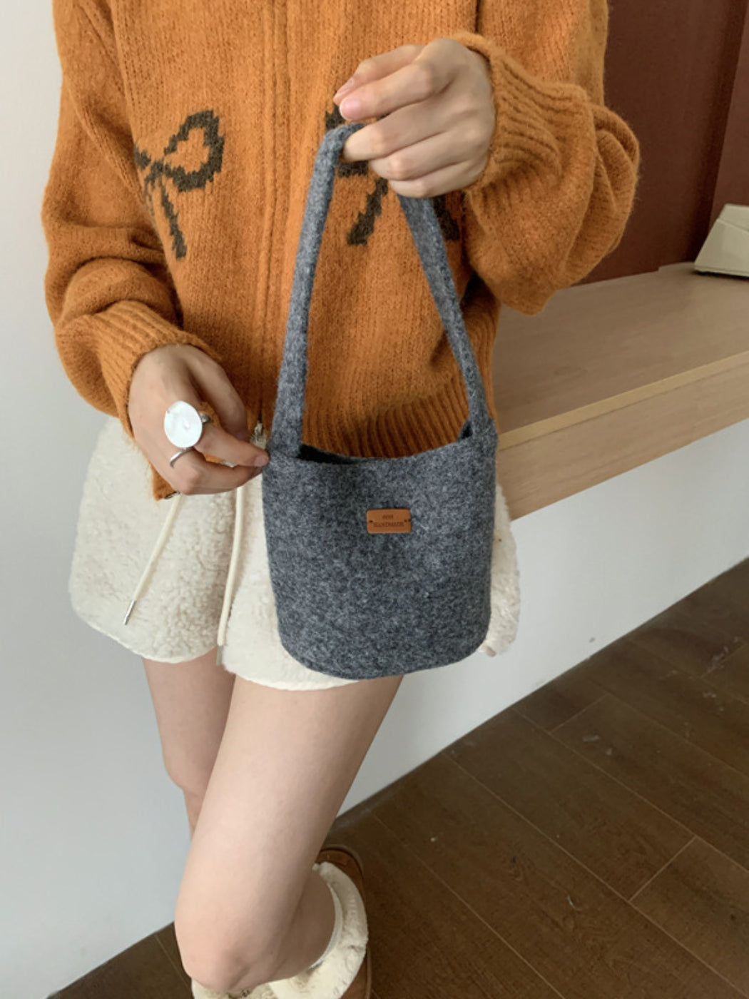 Cosbai - Textured Knit Bucket Handbag