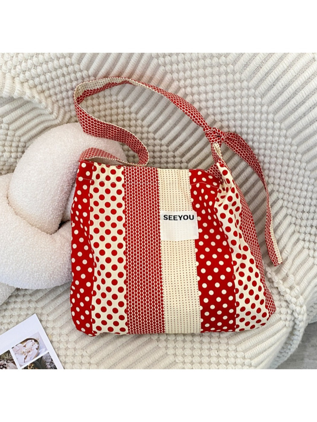 Cosbai - Red & White Boho Color-Block Fabric Shoulder Bag