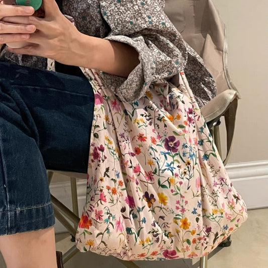 Cosbai Floral Ruched Shoulder Bag in beige with pink and green floral print, front view