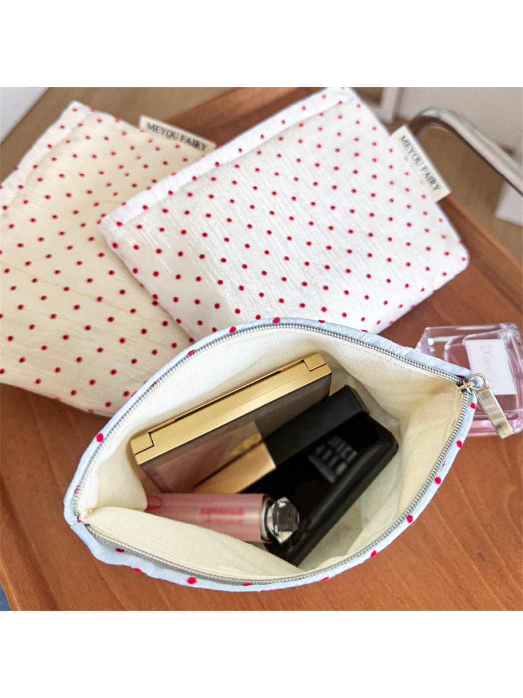 Cosbai Red Dot Cosmetic Bag angled view emphasizing red dot cosmetic bag design