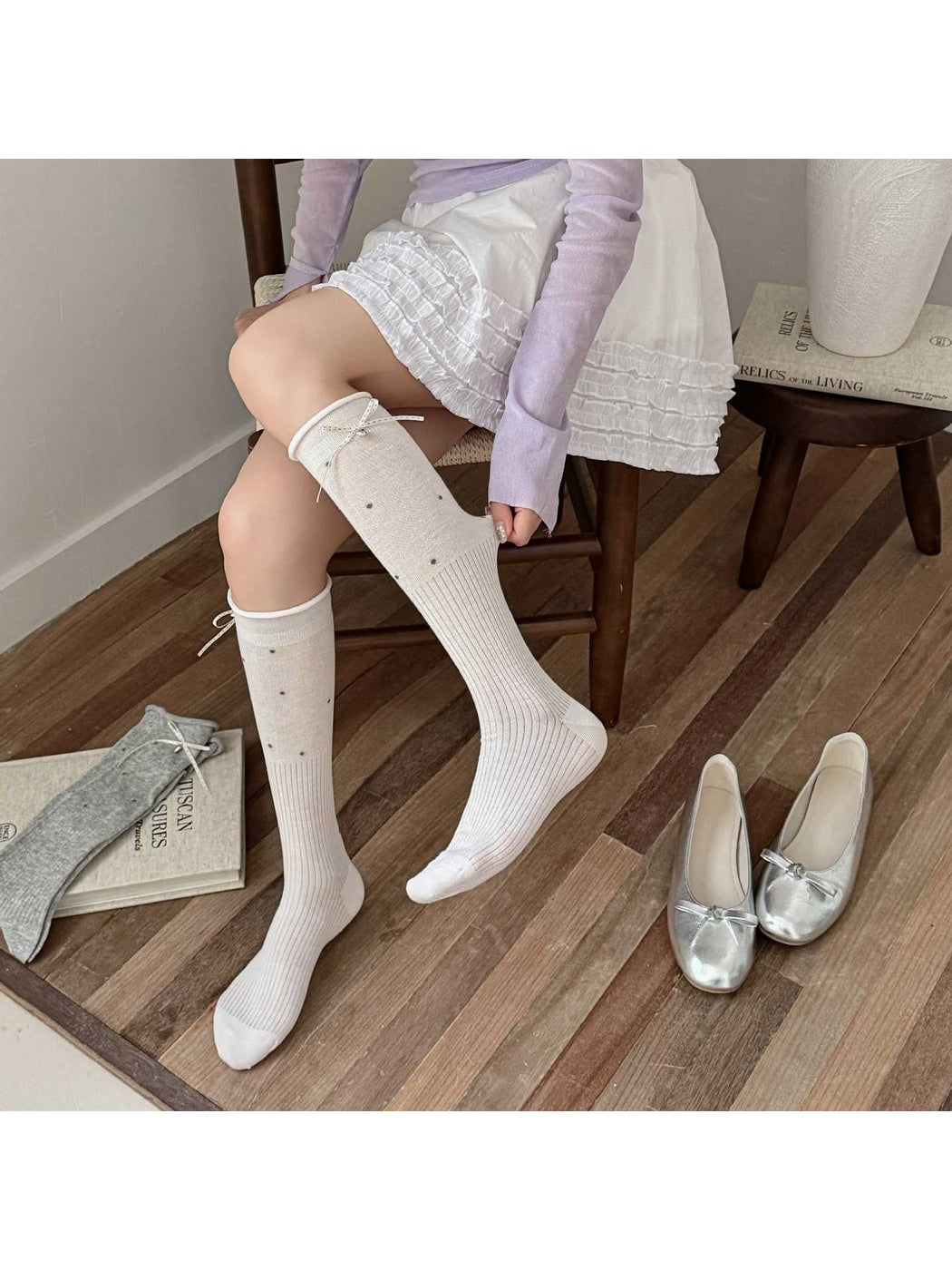 Rufia - Bow Polka Dot Mesh Women's Mid Calf Socks