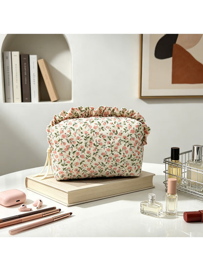 Cosbai - Ruffle Trim Quilted Cosmetic Organizer Bag