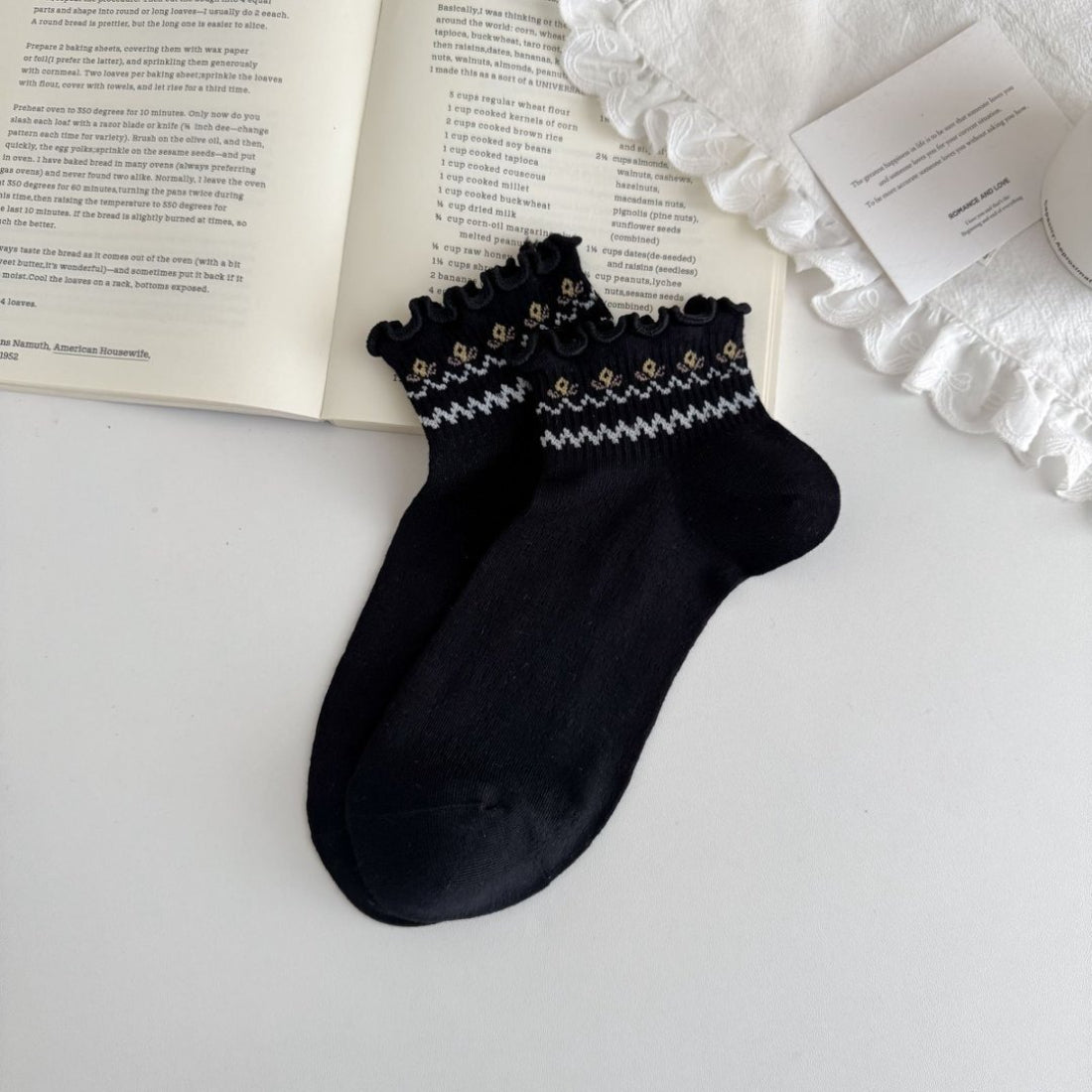 Pair of Rufia Sweet Frill Cuff Crew Socks laid flat highlighting the frill cuff design