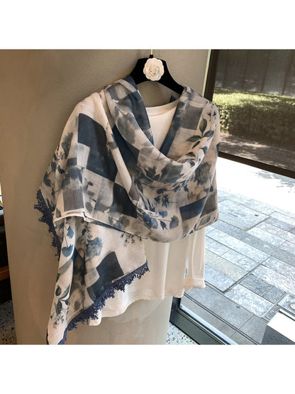 Scarvii - Leaf Print Grid Pattern Shawl