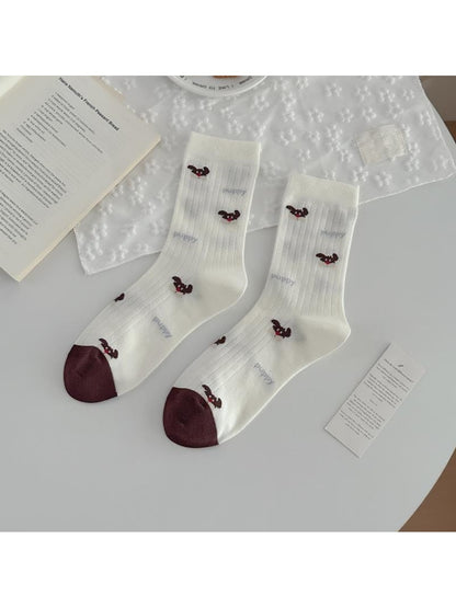 Rufia - Playful Dog Embroidery Ribbed Crew Socks