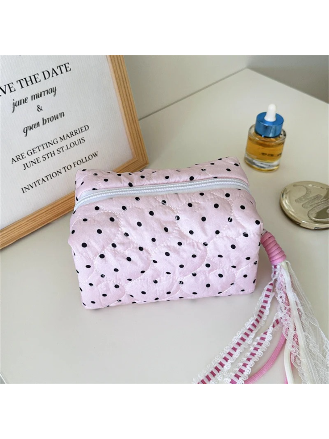 Cosbai - Polka Dot Heart-Quilted Makeup Bag