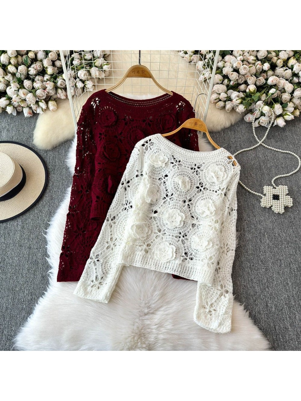 Crosa - Floral Hollow Out Round Neck Pullover