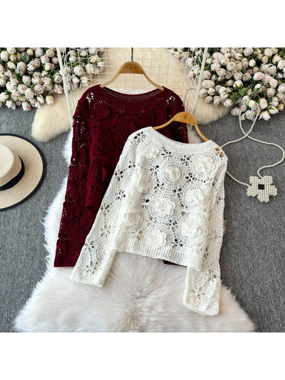 Crosa - Floral Hollow Out Round Neck Pullover