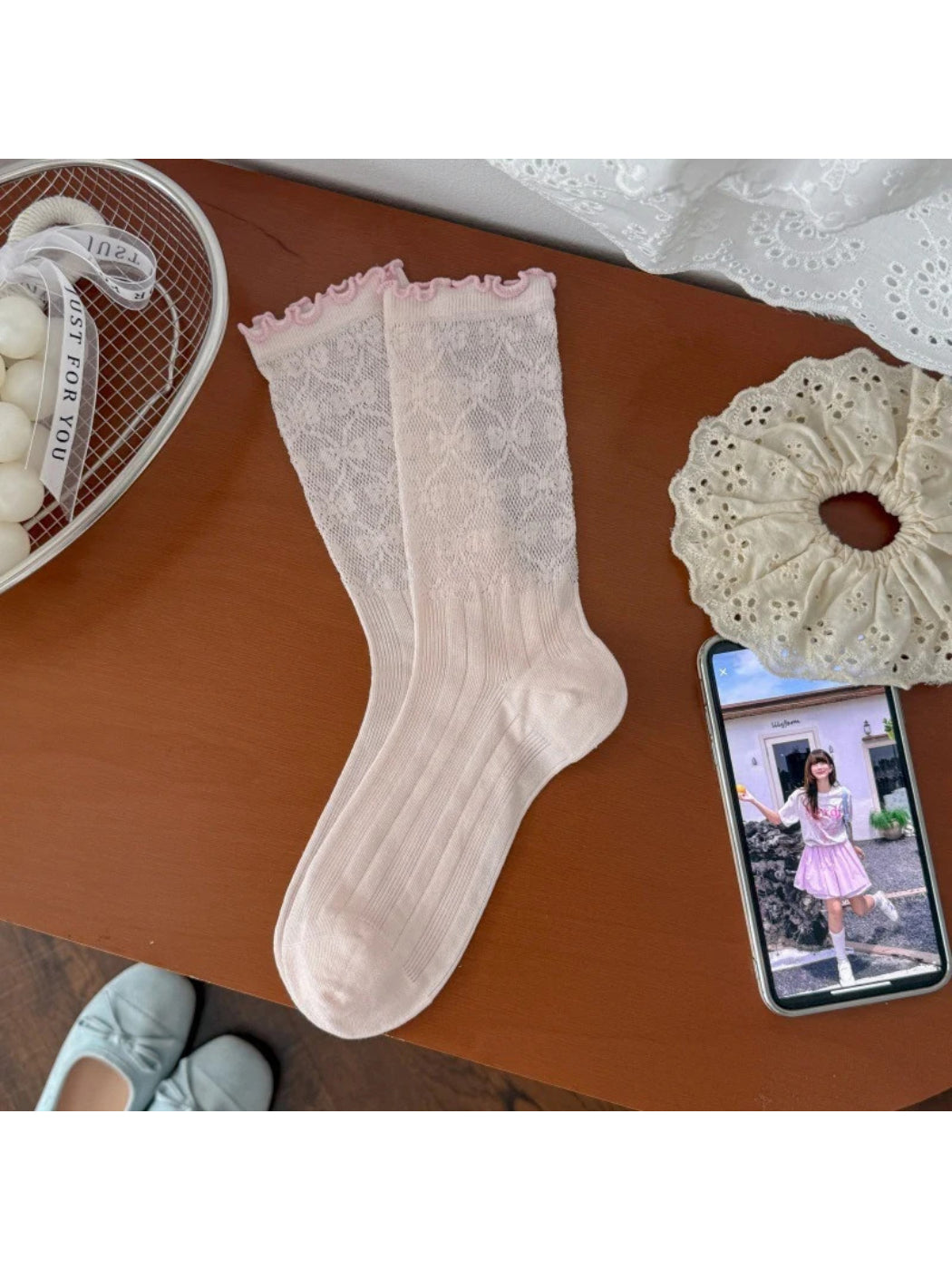 Rufia - Floral Sheer Ruffle-Cuff Crew Socks
