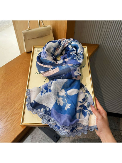 Scarvii - Blue Rose Lace Edge Summer Wrap Scarf