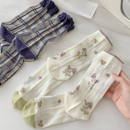 Rufia - Vintage Sheer Quarter Socks With Floral Or Plaid
