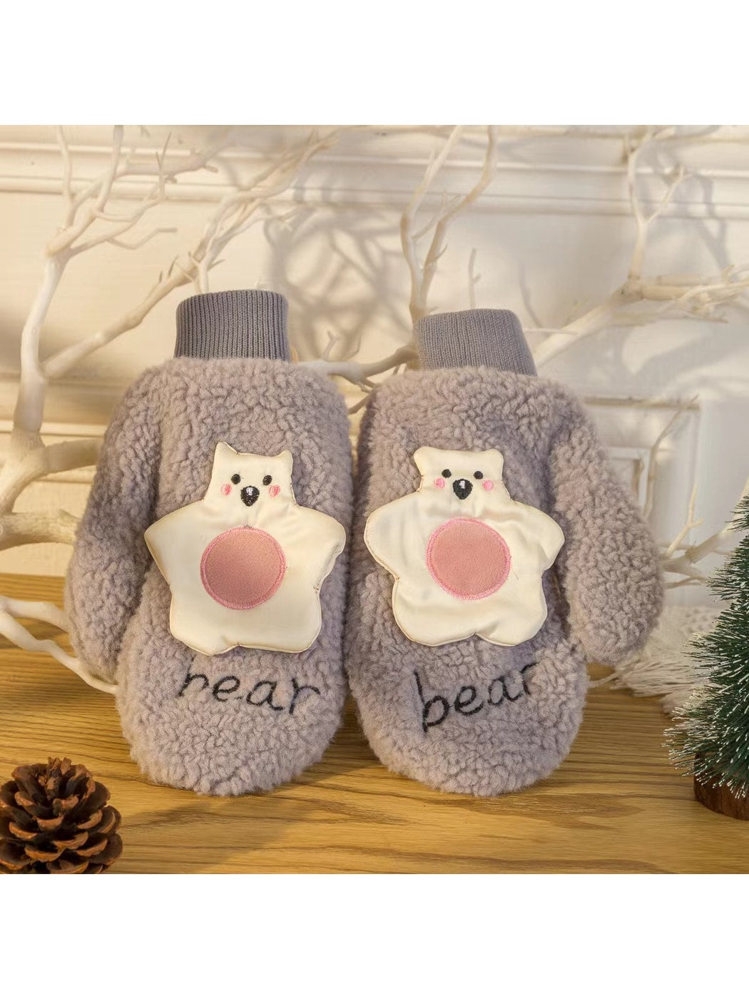 Gloving - Cartoon Bear Applique Plush Winter Mittens