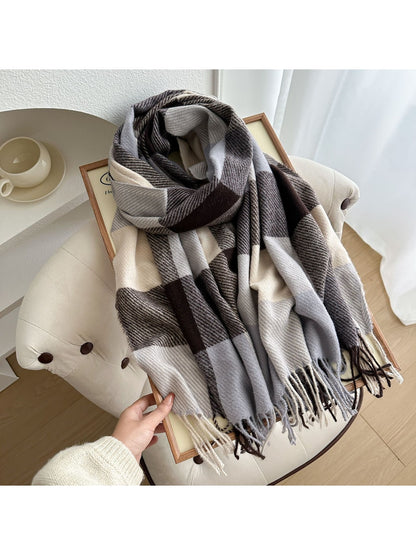 Scarvii - Colorblock Plaid Fringed Winter Scarf