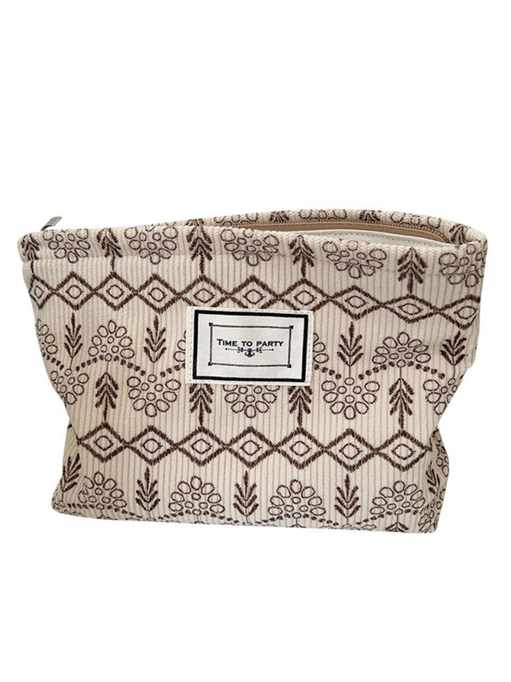 Cosbai - Fabric Geometric & Floral Print Pouch Bag with Zipper