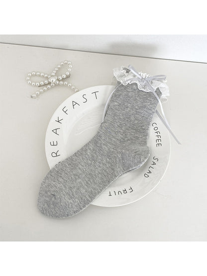 Rufia - Lace Trim Bow Detail Solid Color Crew Socks
