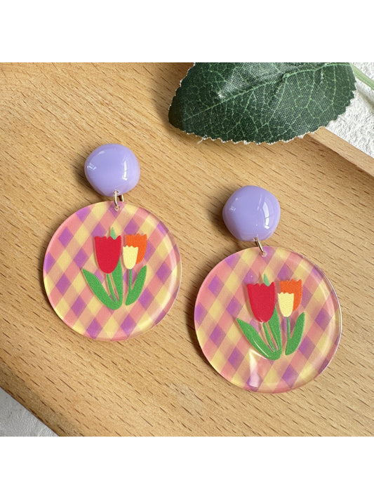 Close-up of Earwish Tulip Gingham Drop Earrings showing fabric texture and gold hooks