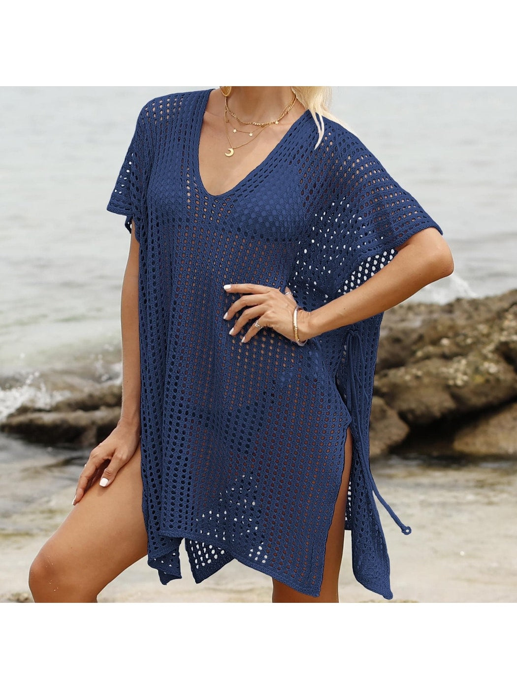 Crosa - Hollow-Out Solid Color Loose Beach Cover Up Dress