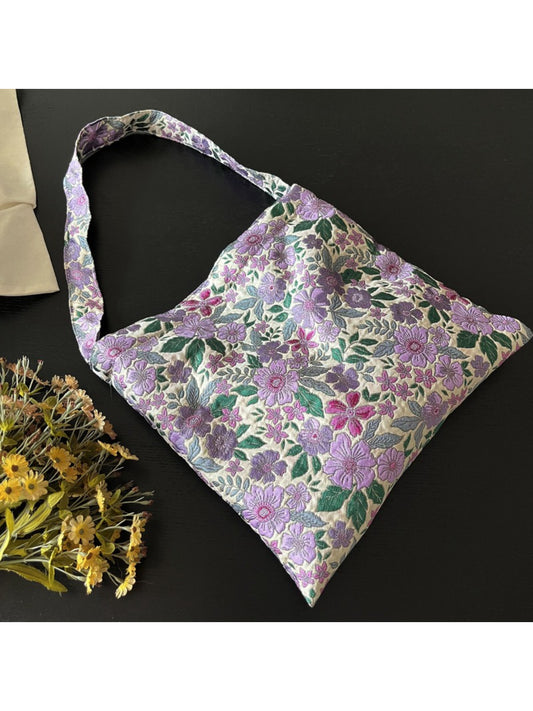 Cosbai Purple Bloom Slouch Shoulder Bag front view with floral pattern