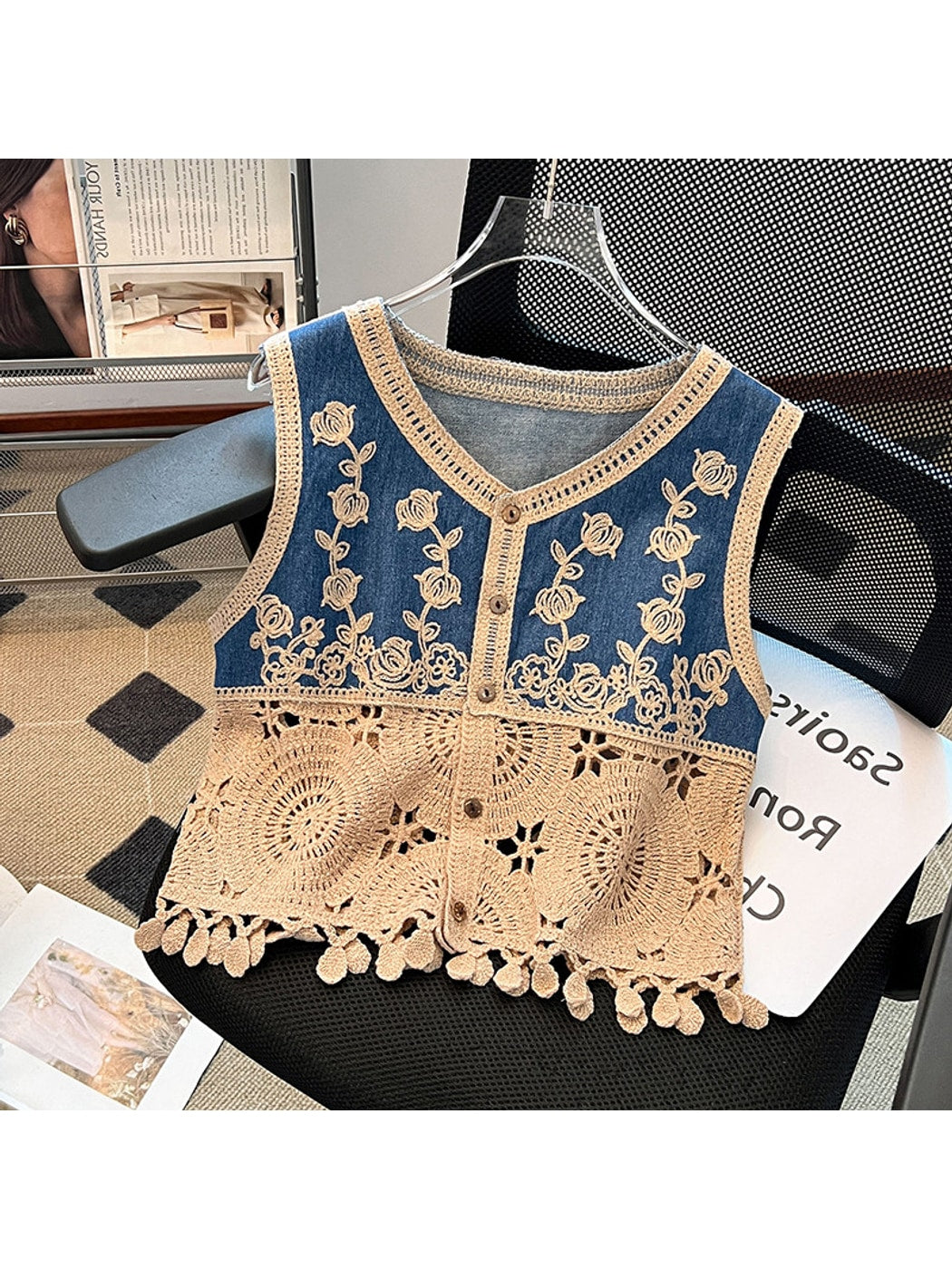 Crosa - Boho Tassel Crochet Floral Embroidered Vest
